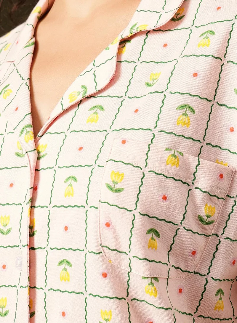 Clovia Orange Printed Button-Down Shirt & Pyjama Set in Peach Colour - 100% Cotton for Women | Best Price UAE